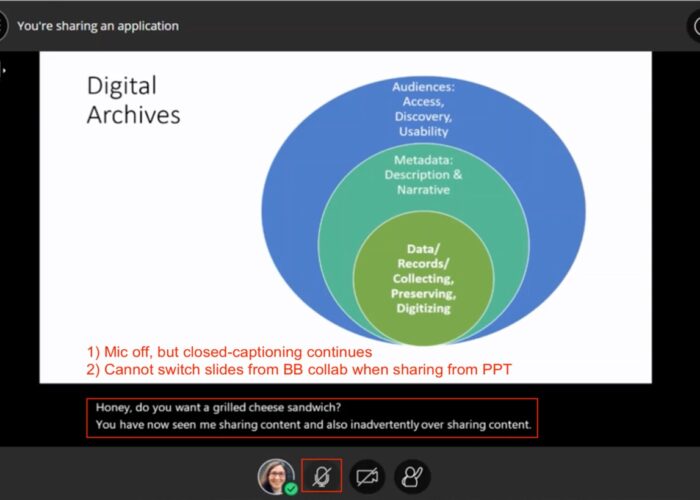 Below a powerpoint slide, captions read "Honey, do you want a grilled cheese sandwich?" "You have now seen me sharing content and also inadvertently oversharing content.", displayed despite the mic function on one program being off.