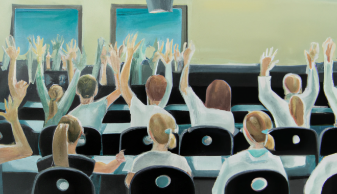 Seen from behind, a series of students seated at desks raise their hands.