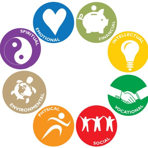 Image of 8 dimensions of wellness - physical, social, emotional, spiritual, environmental, intellectual, financial and occupational