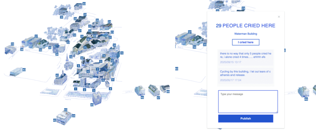 Illustration of buildings on the RISD campus, all building are colored blue and have a corresponding number. On the right side is a dialog box prompting the viewer to enter a submission saying "I cried here" underneath a statement that 29 people have cried at the Waterman Building. Underneath are comments from past submissions and a text box for the viewer to write a comment of their own