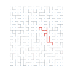 A grid-based maze made up of many short black line segments arranged in various right-angle patterns. Faint blue dots mark grid points. Near the center-right, a continuous red path winds through part of the maze, forming several right-angle turns as it travels downward and left.