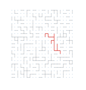 A grid-based maze made up of many short black line segments arranged in various right-angle patterns. Faint blue dots mark grid points. Near the center-right, a continuous red path winds through part of the maze, forming several right-angle turns as it travels downward and left.