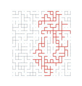 A grid-based maze made up of many short black line segments arranged in various right-angle patterns. Faint grey dots mark grid points. On the right hald, a continuous red path winds through part of the maze, forming several right-angle turns as it travels downward and right. 