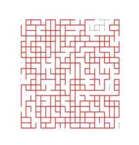 A grid-based maze made up of many short black line segments arranged in various right-angle patterns. Faint grey dots mark grid points. Most of the grid has a continuous red path that winds through part of the maze.