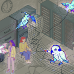 Illustration of a surreal office scene with neon birds interacting with digital elements around three people near servers and file cabinets; one bird writes on a digital mesh, another carries a paper.