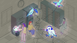 Illustration of a surreal office scene with neon birds interacting with digital elements around three people near servers and file cabinets; one bird writes on a digital mesh, another carries a paper.