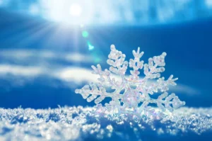 A zoomed in picture of a snowflake with sun rays in the background