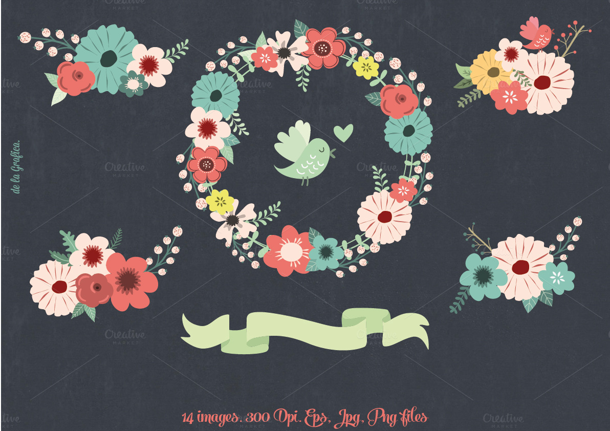 Chalkboard Natural Floral Wreaths 3 Illustrations on Creative Market