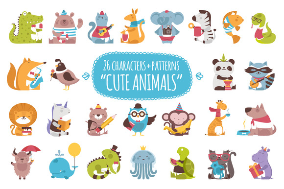 26 Cute Animals + 3 patterns Illustrations on Creative