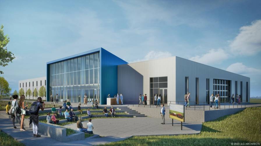 AGCO announced plans to build a 300-acre sustainable test farm called “Dakota Smart Farm” on the Grand Farm Innovation Campus in Casselton, North Dakota. This rendering shows the Grand Farm’s proposed Innovation Shop, which is part of the larger hub being designed for growers, startups, corporations, researchers, and education groups to demonstrate and research new products, technologies, and smart farming practices.