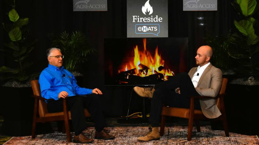 Ben Sheldon (right), Technology Sales Manager at Raven Industries, joined CropLife Editor Eric Sfiligoj for a Fireside Chat at the 2025 Tech Hub LIVE in Des Moines, IA.