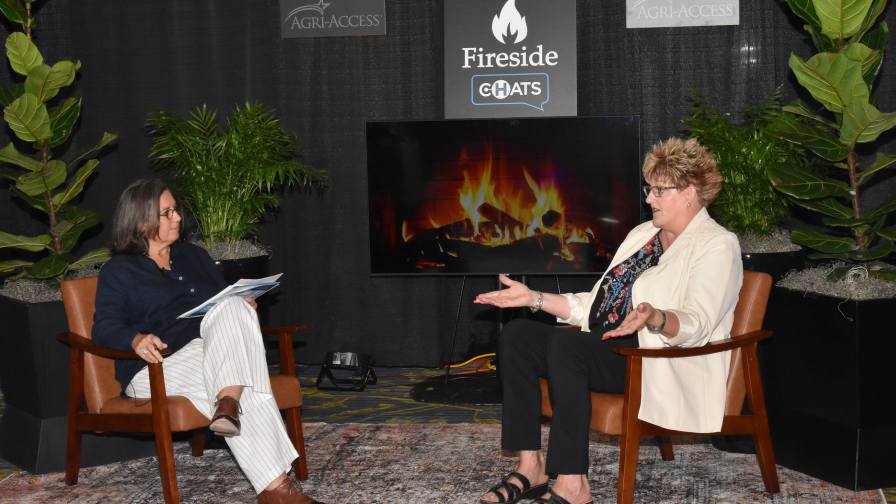 Tami Craig Schilling (right), Vice President and Agronomic Digital Innovation Lead at Bayer, joined CropLife Editor Lara Sowinski for a Fireside Chat at the 2025 Tech Hub LIVE in Des Moines, IA.