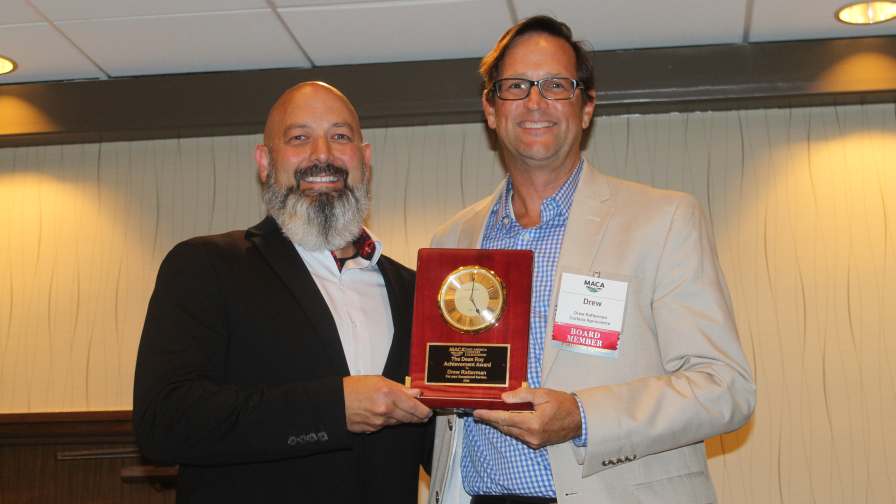 The 2026 Dean Roy Achievement Award was presented to Drew Ratterman, Corteva Agriscience (on right). Ratterman is pictured with MACA 2025-26 President Aaron Deardorff.