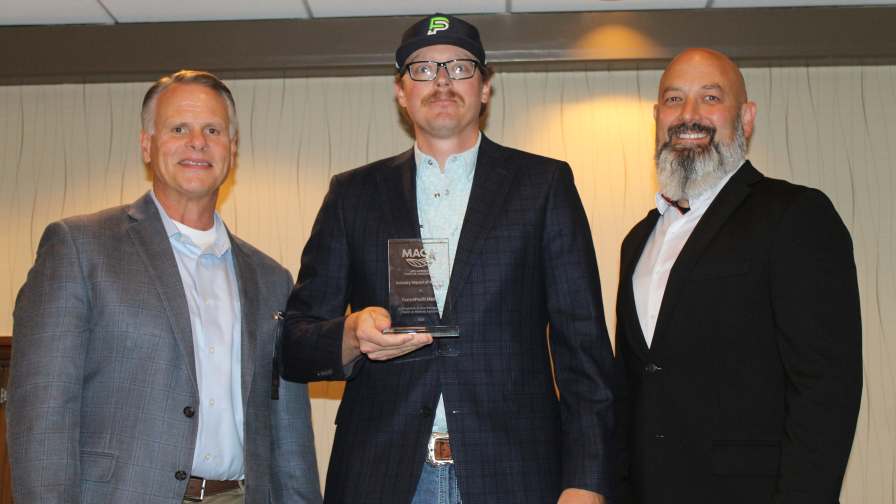 The 2026 Industry Impact of the Year Award was presented to Farm4Profit. In the photo are, from left, MACA Secretary/Treasurer Aaron Locker, Farm4Profit’s Cody Vanderholm, and MACA 2025-26 President Aaron Deardorff.
