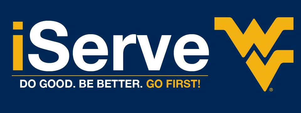 A blue background with the words iServe: Do Good. Be Better. Go First! and the flying WV