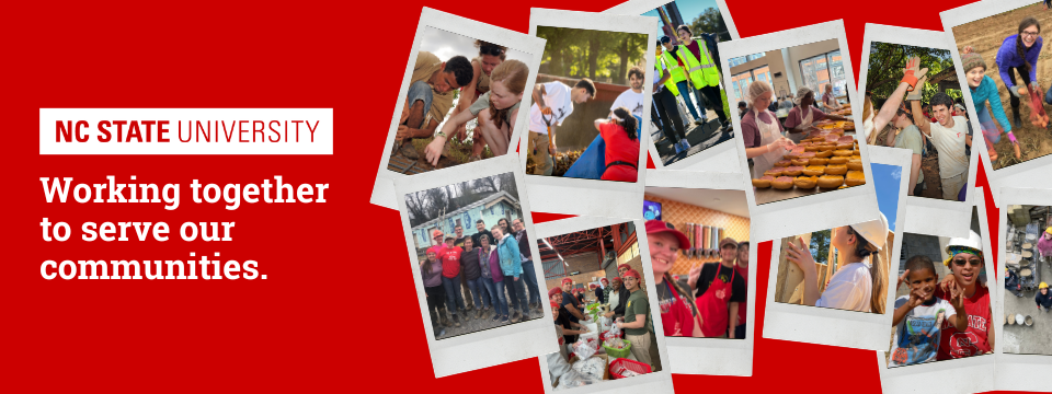 This banner image is a collage of photos of NC State students, faculty, and staff serving in various communities around the world with the NC State University logo in red and the following text in white: 