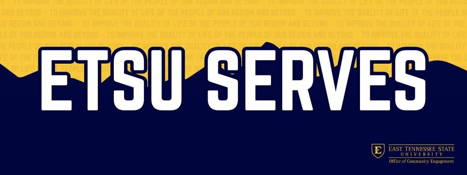 Navy mountains with gold background reading ETSU Serves