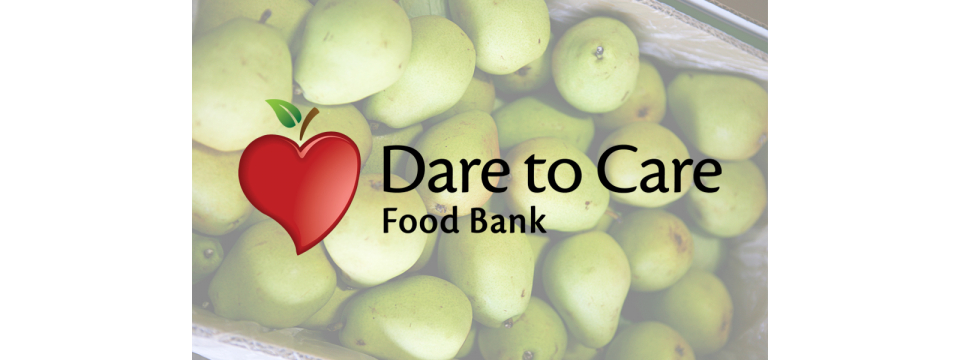 pears in background with Dare to Care Food Bank text overlaid with logo red apple