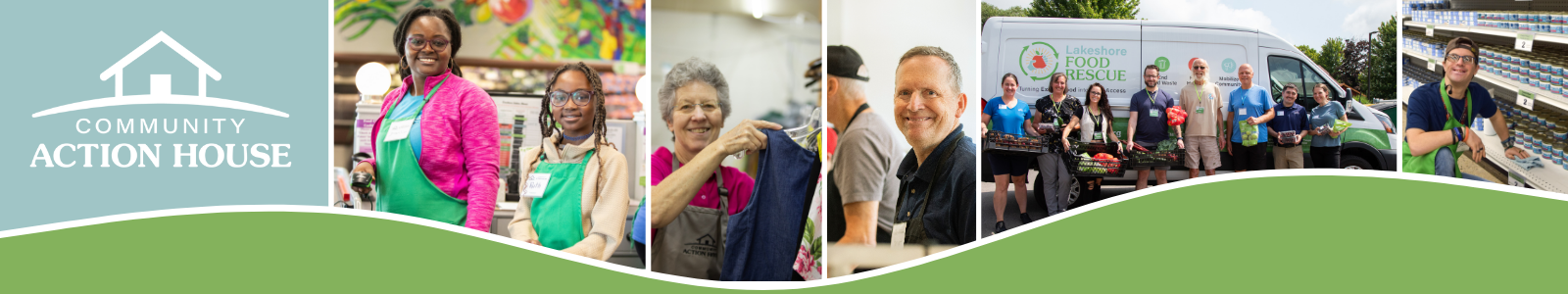 Various volunteers smiling while performing duties. 