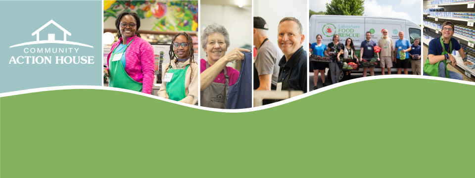 Various volunteers smiling while performing duties. 
