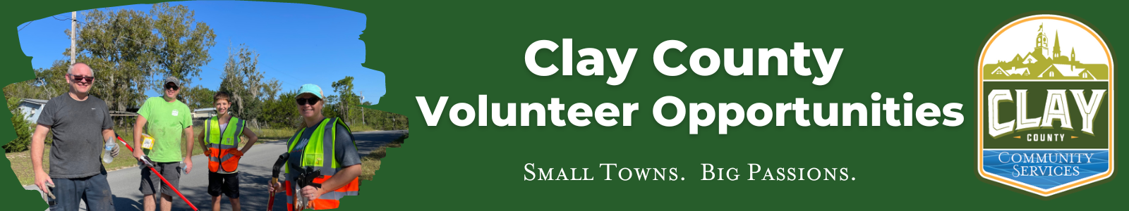 photo of volunteers posing for camera and slogan Volunteer Services building a stronger county together