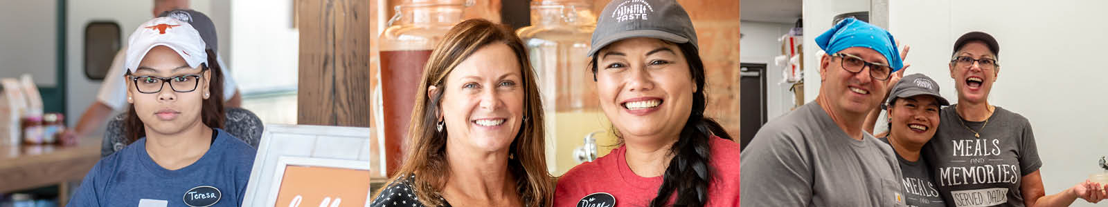 Taste Bud Welcome Team Volunteer at our host stand.  Two Taste Bud Service Team volunteers holding water pitchers.  Three Taste Bud Kitchen Team volunteers in the Kitchen.    .  