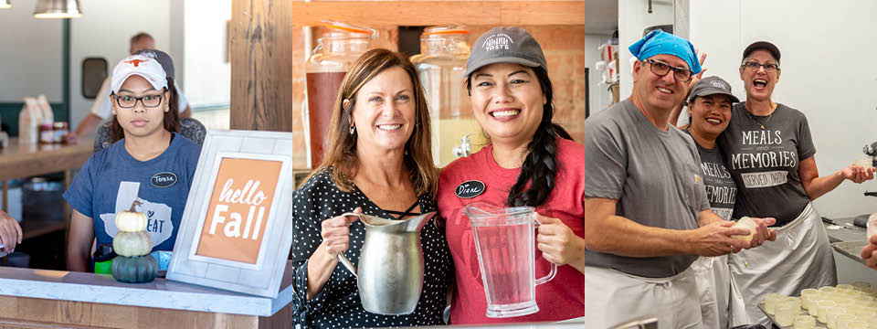 Taste Bud Welcome Team Volunteer at our host stand.  Two Taste Bud Service Team volunteers holding water pitchers.  Three Taste Bud Kitchen Team volunteers in the Kitchen.    .  