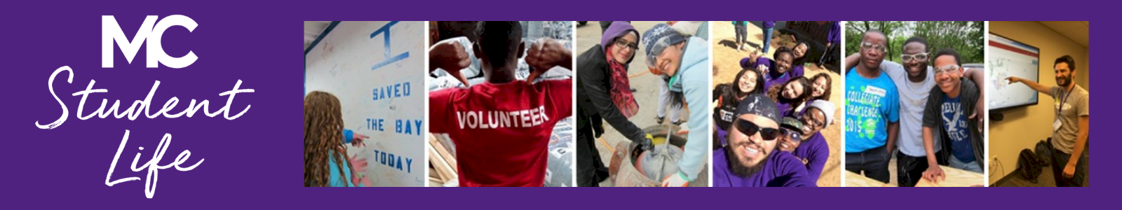 Montgomery College Student Life Banner shows students volunteering at various settings
