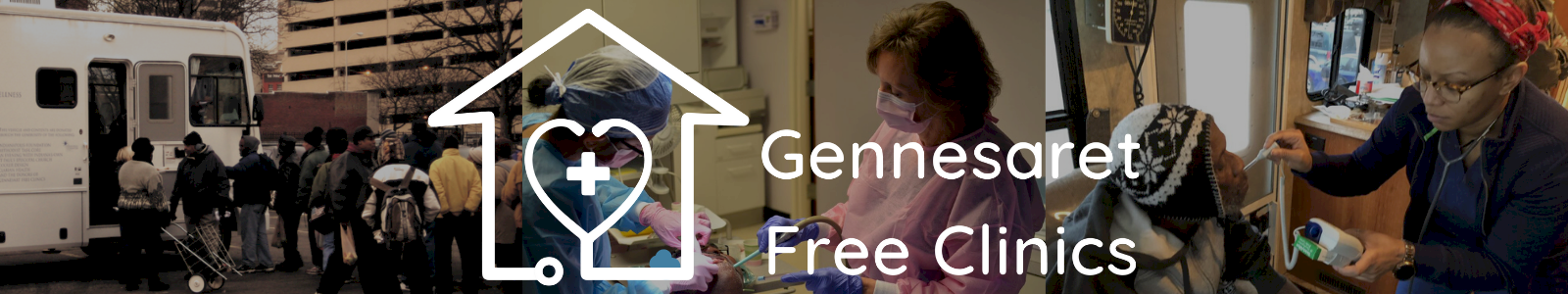 Gennesaret Free Clinics logo overlayed on 3 pictures; first picture is mobile medical clinic and patients, second picture is dentist and dental hygienist operating on patient, and third picture is volunteer nurse taking a patient's temperature.
