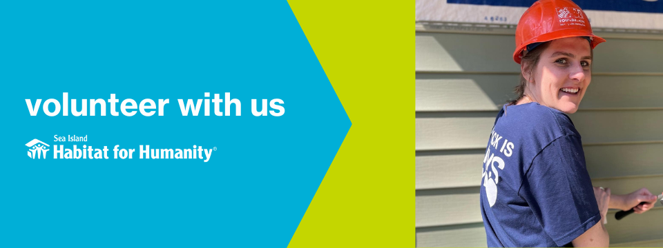 Volunteer with us, then a picture of a woman in a hard hat on a job site