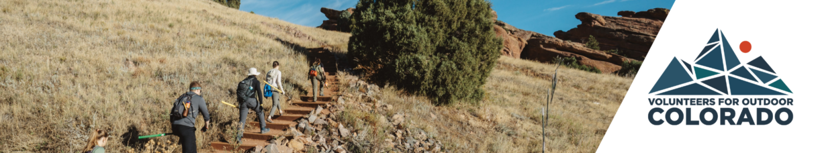 Volunteers holding tools walking across a golden field and blue sky.
