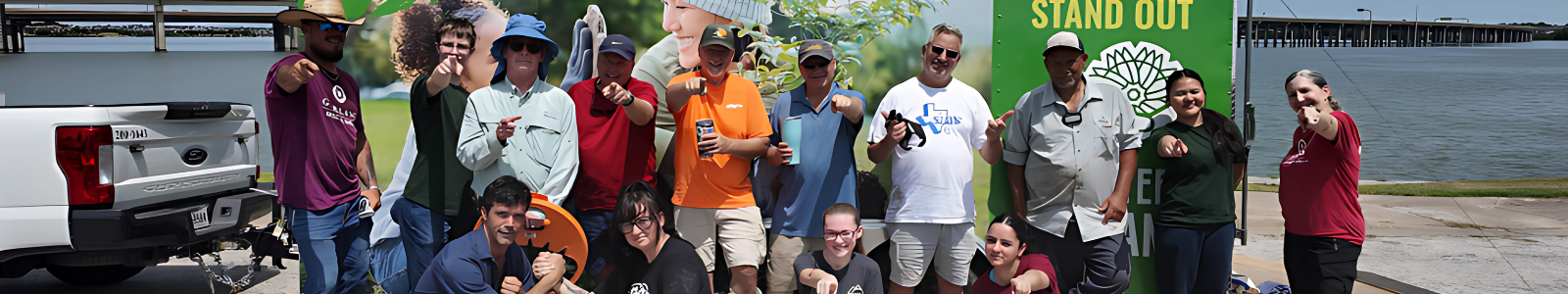 Images of five volunteer at work at litter cleanup event, Volunteer Garland logo, image of volunteers doing home repairs. 