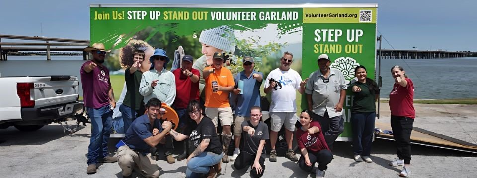 Images of five volunteer at work at litter cleanup event, Volunteer Garland logo, image of volunteers doing home repairs. 