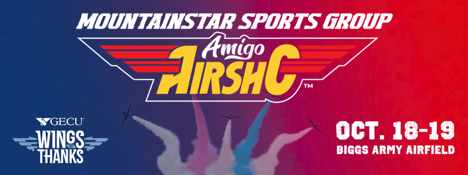 Amigo Airsho logo over a gradient background with faint aircraft in formation.
