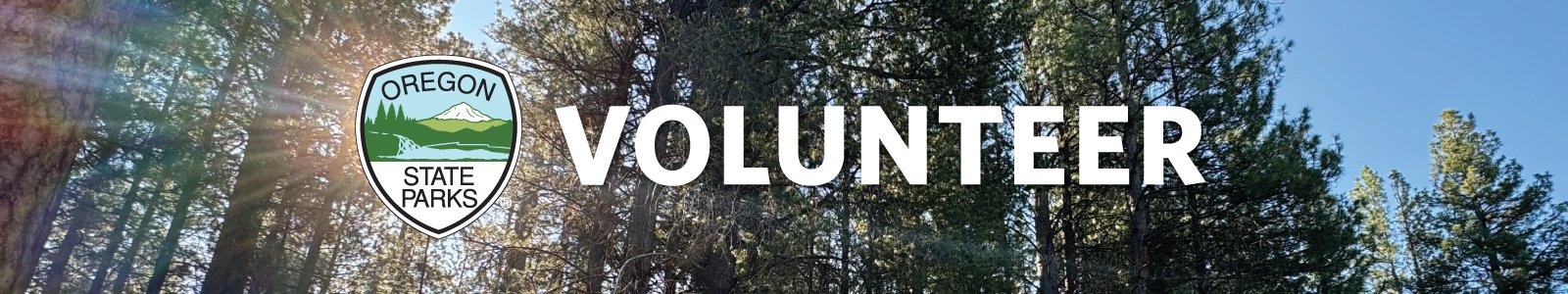 Forest tree background with the OPRD shield and the word volunteer