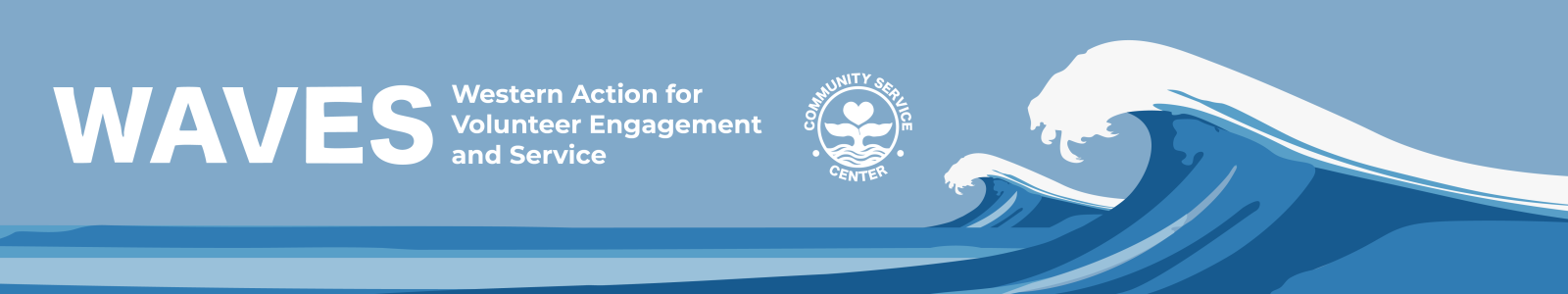 Blue and white wave design with the acronym waves and the words western action for volunteer engagement and service and the community service logo next to it