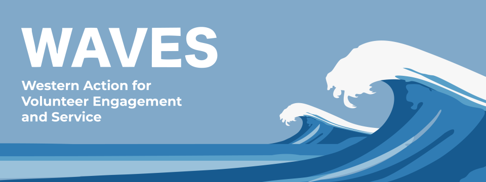 Blue and white wave design with the acronym waves and the words western action for volunteer engagement and service and the community service logo next to it
