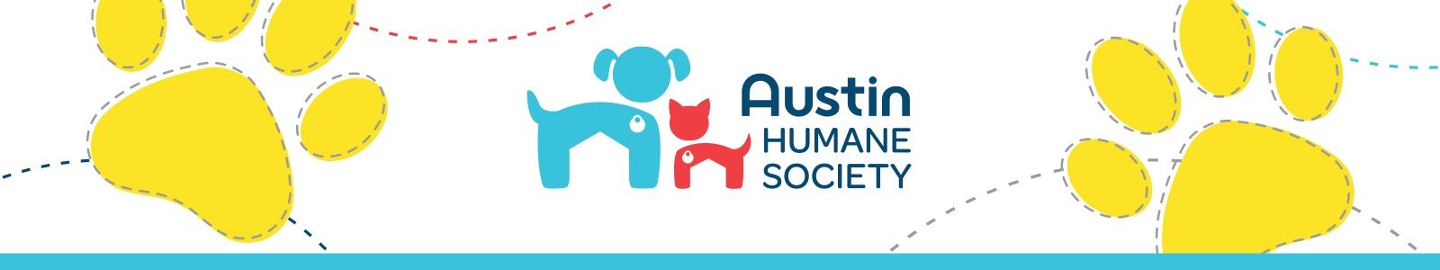 A banner with the Austin Humane Society logo surrounded by yellow paw prints