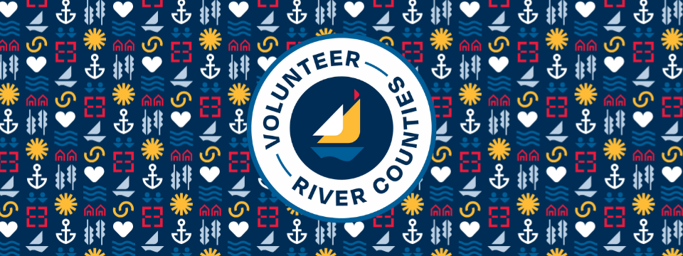 Volunteer River Counties logo on navy patterned background