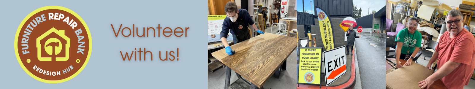 Furniture Repair Bank logo with image of woman painting drawers