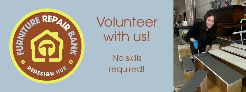 Furniture Repair Bank logo with image of woman painting drawers