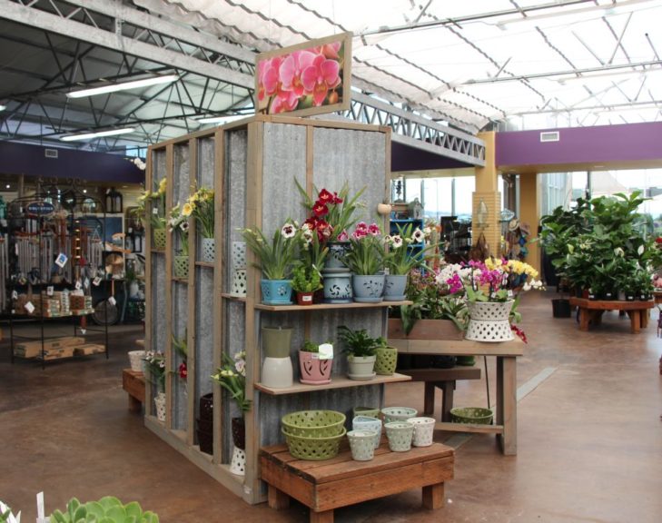 Side view of corrugated metal display at Al's Garden Center