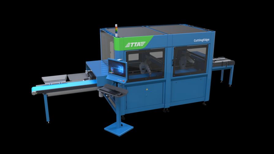 A render of TTA's CuttingEdge Single automated cutting-sticking machine for planting rooted and unrooted cuttings
