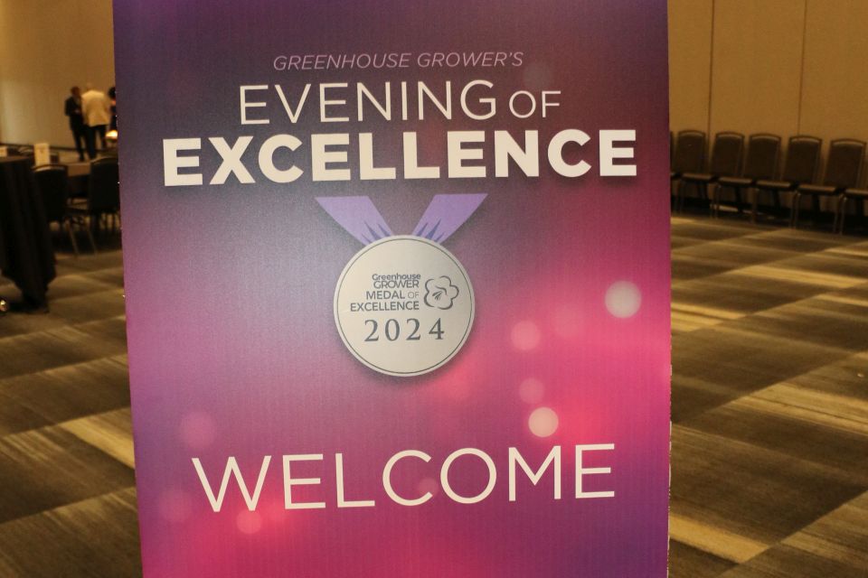 Greenhouse Grower's Evening of Excellence stage at Cultivate'24 entrance sign