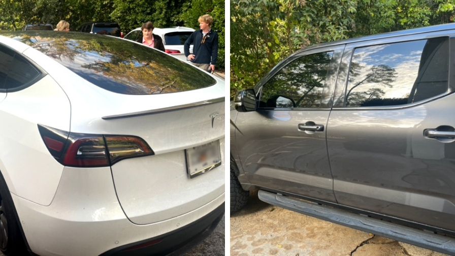 A Tesla electric car (L) and a four-door pickup truck (R)