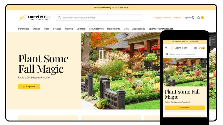 Laurel and Bee Garden and Goods demo website for the Certified Shopify Online Garden Center from A24 Consulting