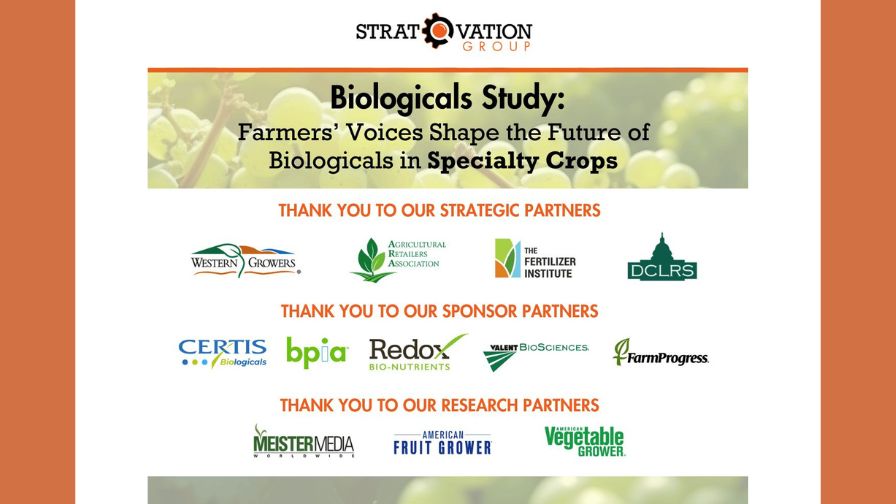 The strategic, sponsor, and research partners of Stratovation Group's Biologicals Study in specialty crops.