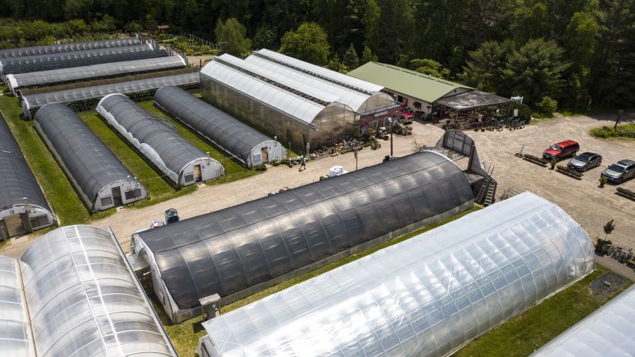 An overhead shot of Hortica greenhouses on growing operation property.
