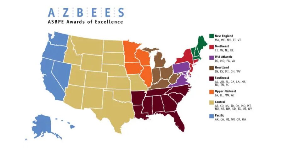 The regional map for area distribution of the ASBPE's Azbee Awards of Excellence, for which Greenhouse Grower was nominated.