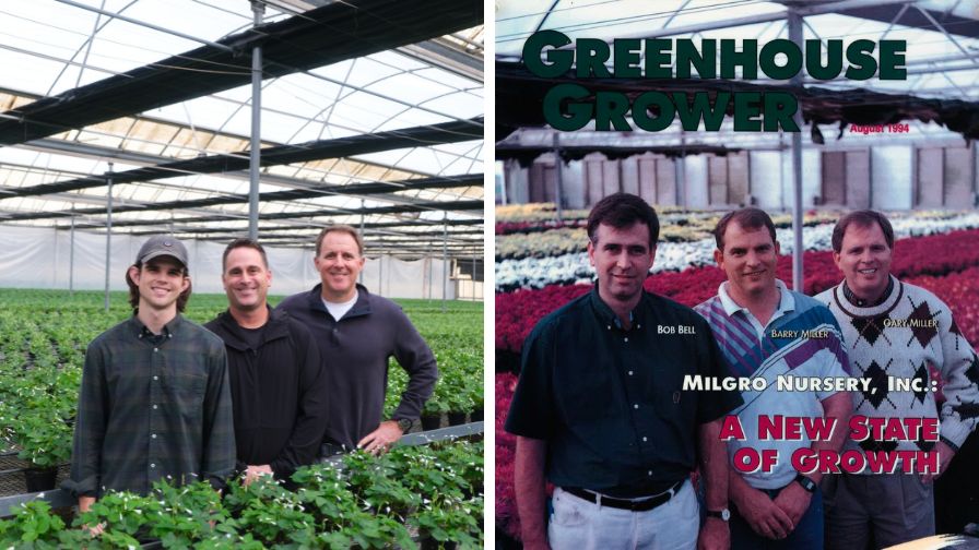 The March 2025 (L. Josh, Brad, and Scott Miller from left to right) and August 1994 (R, Bob Bell, Barry Miller, and Gary Miller from left to right) covers of Greenhouse Grower featuring Milgro Nursery staff.
